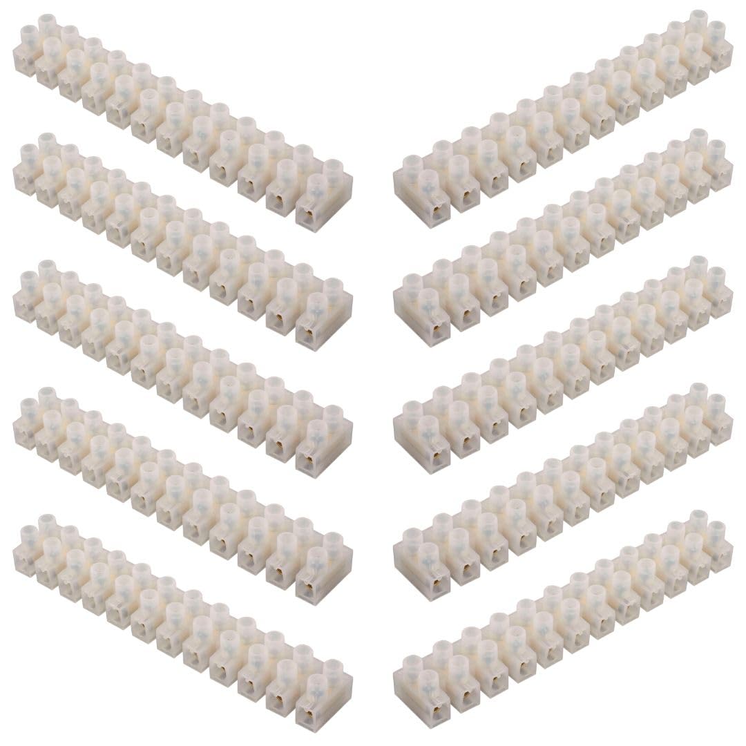 GTSE 10 Pack of 12 Way 30 Amp Electrical Connector Block, 165mm Length, White Terminal Block Electrical Connector Strips