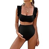 OYOANGLE Women's 2 Piece Maternity Bikini Sets Square Neck High Waist Swimsuit Summer Casual Bathing Suit