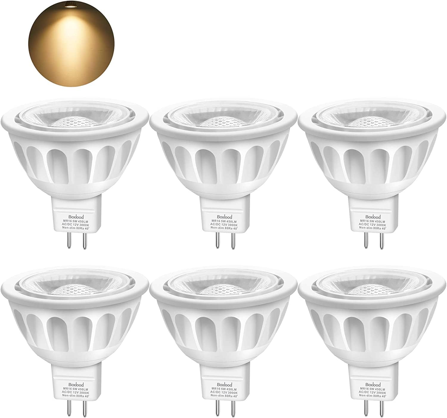 Boxlood 6 Pack MR16 LED Light Bulbs, 12-Volt, 40-Degree Spot Light with GU5.3 Base, 5-Watt (50-Watt Equivalent), 450 Lumen, 3000K Warm White, LED Recessed Track Spotlight โ image 1