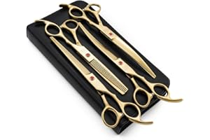 Moontay Professional 7.0" Dog Grooming Scissors Set, 4-pieces Straight, Upward Curved, Downward Curved, Thinning/Blending Shears for Dog, Cat and Pets, JP Stainless Steel, Gold