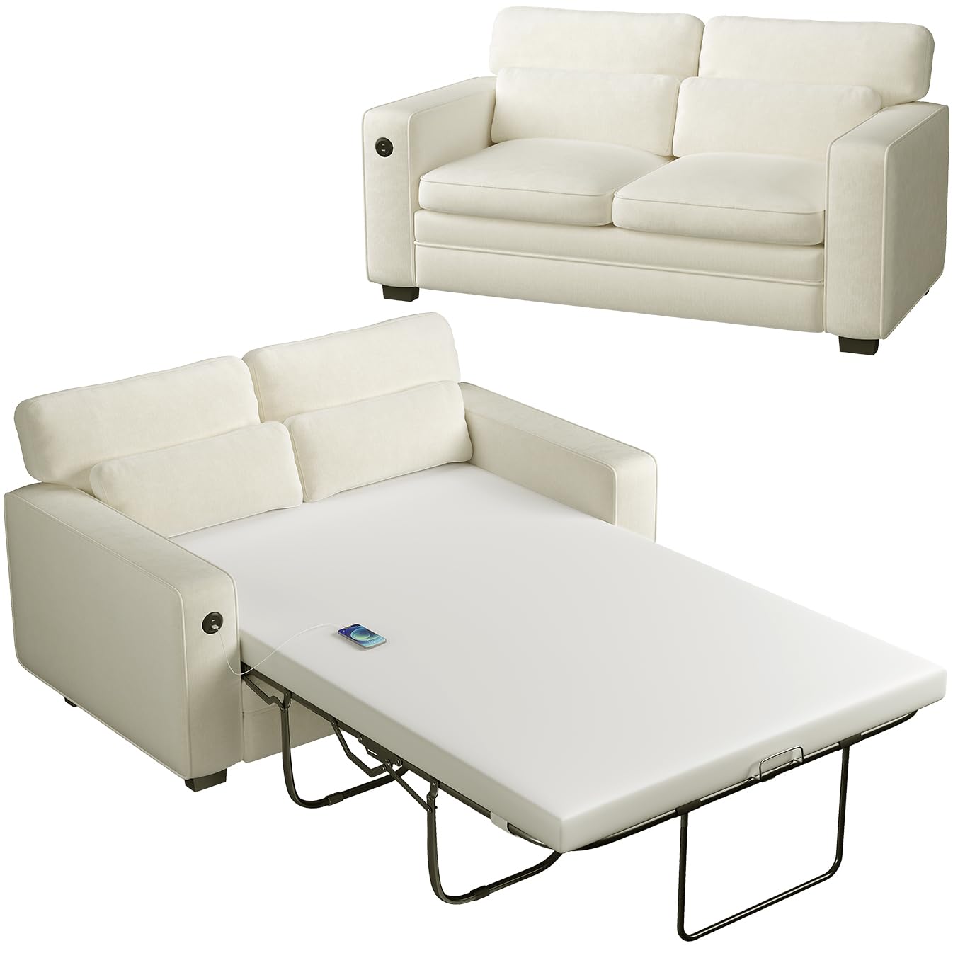 Photo 1 of ++not complete+++++Marsail Pull Out Sofa Bed, Full Size Sleeper Sofa with Memory Foam Mattress, 2 USB Charging and Removable Covers, Loveseat for Living Room, Apartment, Supports 600 LBS, Chenille Fabric, White