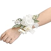 Ling's moment 6pcs Wedding Wrist Corsage Artificial Flowers, Girl/Mother Homecoming Prom Corsages Wristlet Décor, etc. Snow White