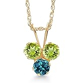 Gem Stone King 14K Yellow Gold Green Peridot and London Blue Topaz 3-Stone Pendant Necklace For Women (0.37 Cttw, Gemstone August Birthstone, Round 3MM, 18 Inch Chain)
