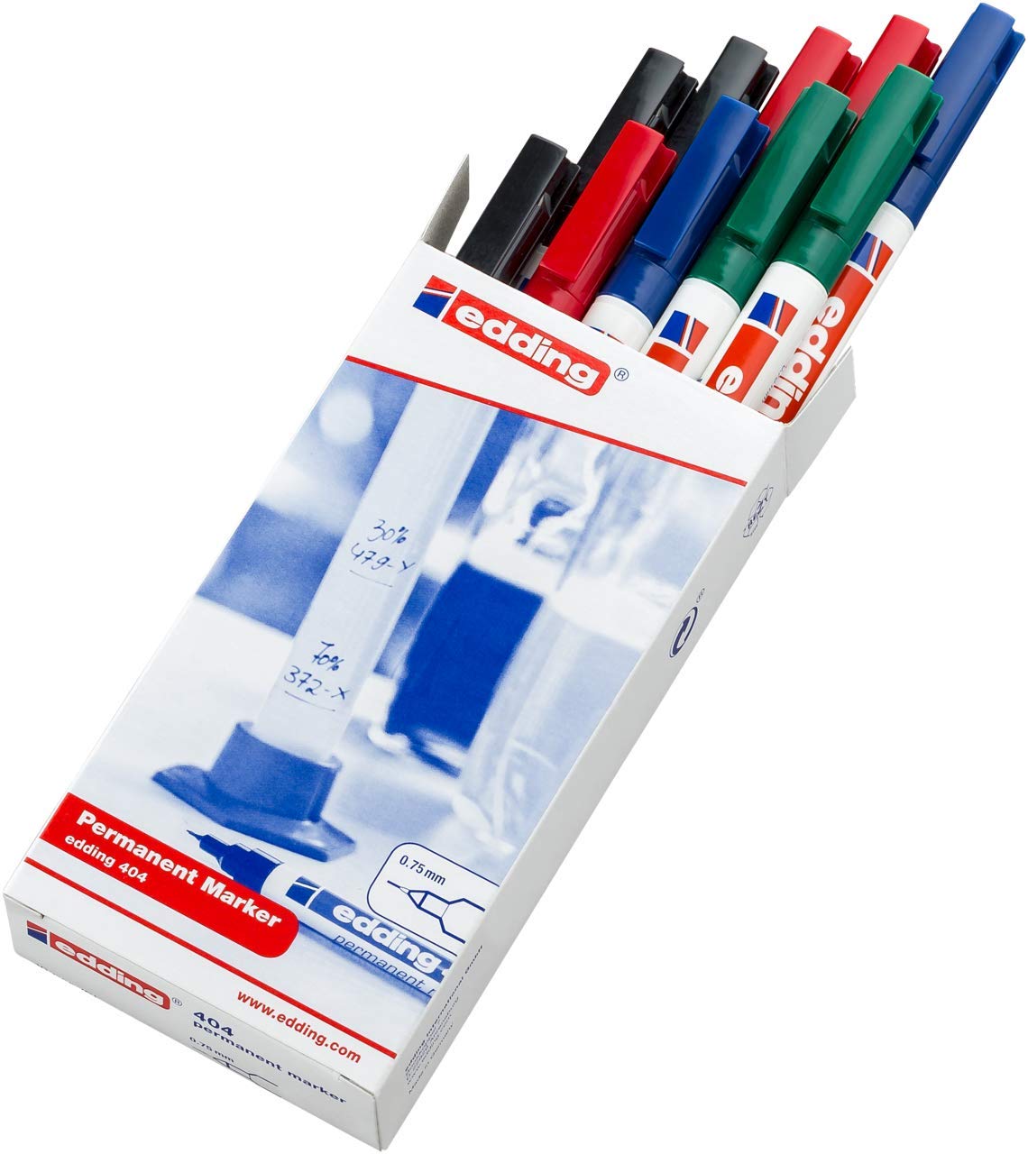 edding 404 permanent marker - black, red, blue, green - 10 pens - fine round nib 0.75 mm - waterproof, quick-drying, smear-proof pens - for cardboard, plastic, wood, metal, glass and fabric