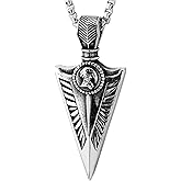 COOLSTEELANDBEYOND Mens Stainless Steel Arrowhead Pendant Necklace, Engraved Tribal Eagle, Nordic Viking Warrior Amulet