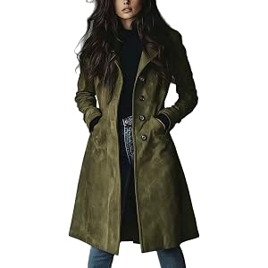 DGHM-JLMY Women's Faux Suede Long Trench Coat Elegant Single Breasted Overcoat Classic Notched Lapel Jacket with Belt
