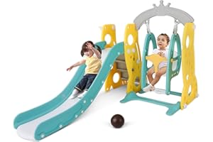 FAHKNS 4 in 1 Toddler Swing and Slide Set for Age 1-12 Indoor Playground for Children Baby Swing Set with Slide, Climber, Basketball Hoop and Long Slide for Boys and Girls