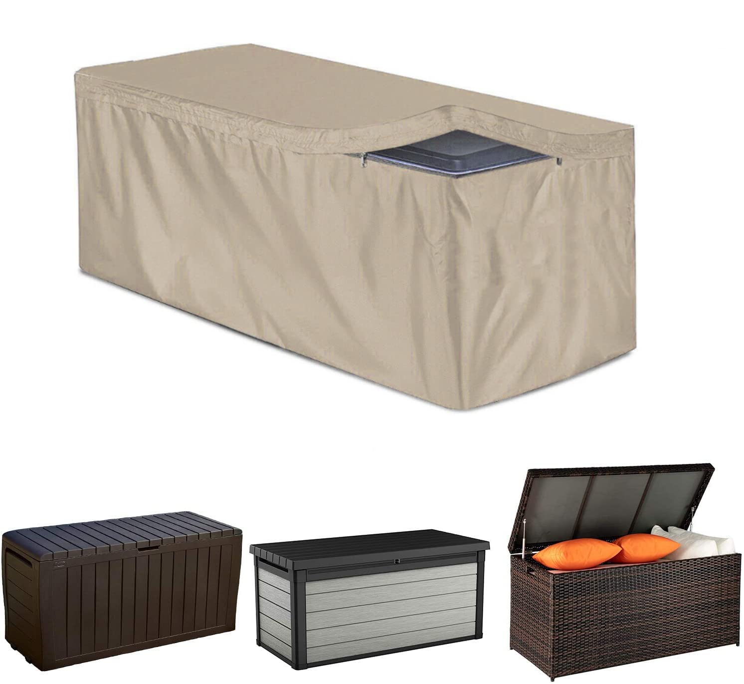 COOSOO Patio Deck Box Cover with Zipper Waterproof Outdoor Garden Furniture Cover 420D Oxford Cushion Box Cover Storage Ottoman Bench Cover for Deck Box Container Rectangle (Beige, L:158 * 81 * 71)