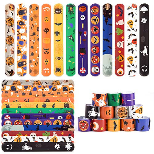 LovesTown Halloween Slap Bracelets, 48PCS Kids Slap Wristbands Snap Bracelets Ghost Jack o Lantern Bat Spider for Halloween Party Goodie Bag Fillers