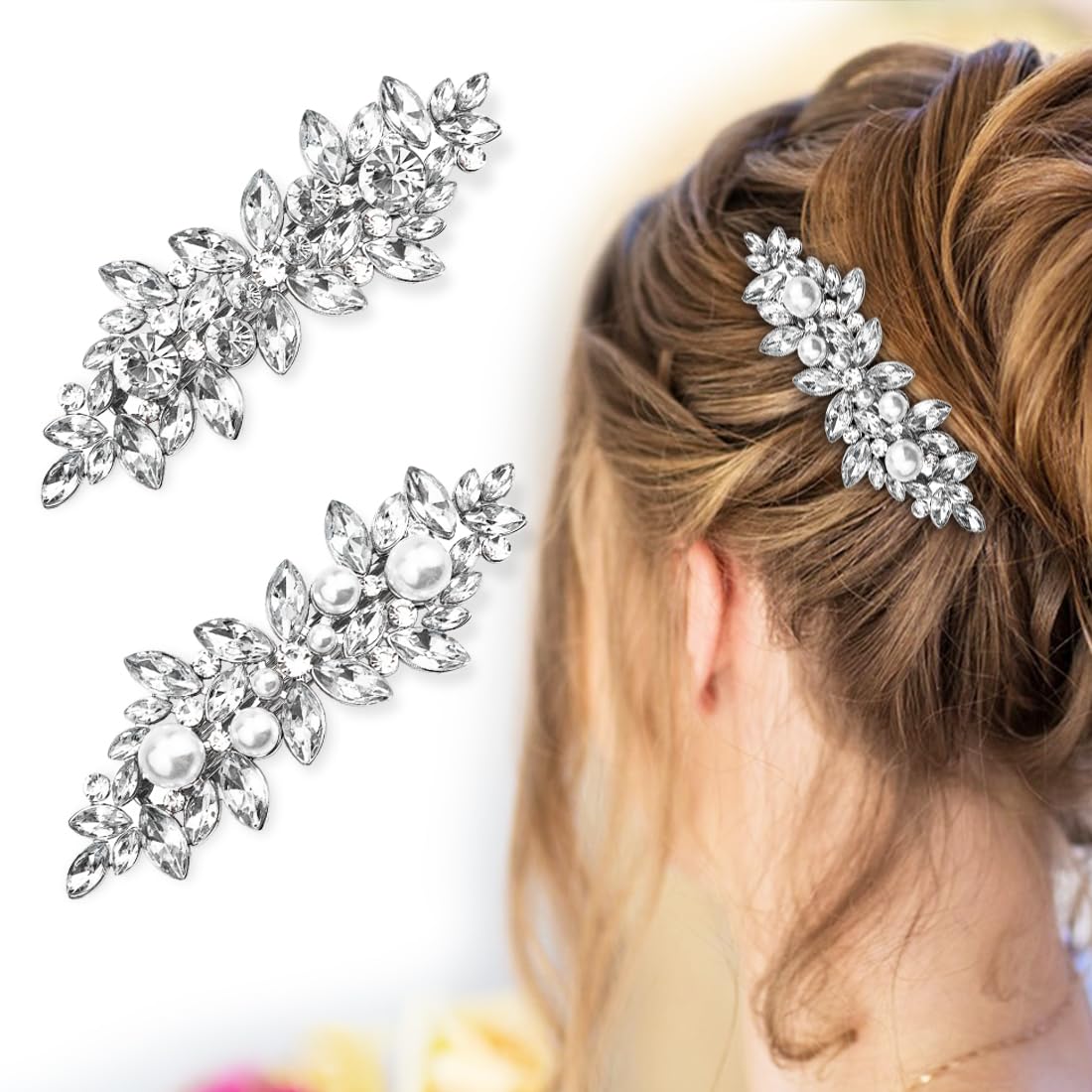 SHSMPXOY 2PCS Rhinestone Hair Clips,Crystal Barrettes,Fancy Hair Clips for Women,Bridal Hairr Accessories Wedding,Pearl Decorative Hairr Clip for Daily Party Prom(Silver Pearls+Silver Rhinestones)