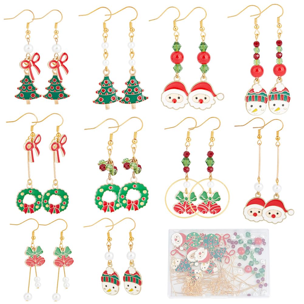 SUNNYCLUE 1 Box DIY 10 Pairs Christmas Charms Enamel Snowman Charm Earrings Making Starter Kit Red Green Rondelle Beads Christmas Tree Jingle Bell Charm Santa Claus Charms for Jewellery Making Kits — image 1