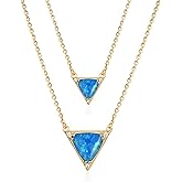 LADYGD Layered Triangle Shape Blue Opal Necklace for Women 14K Gold Plated Cubic Zirconia Dainty Created Opal Pendant Necklaces Opal Jewelry