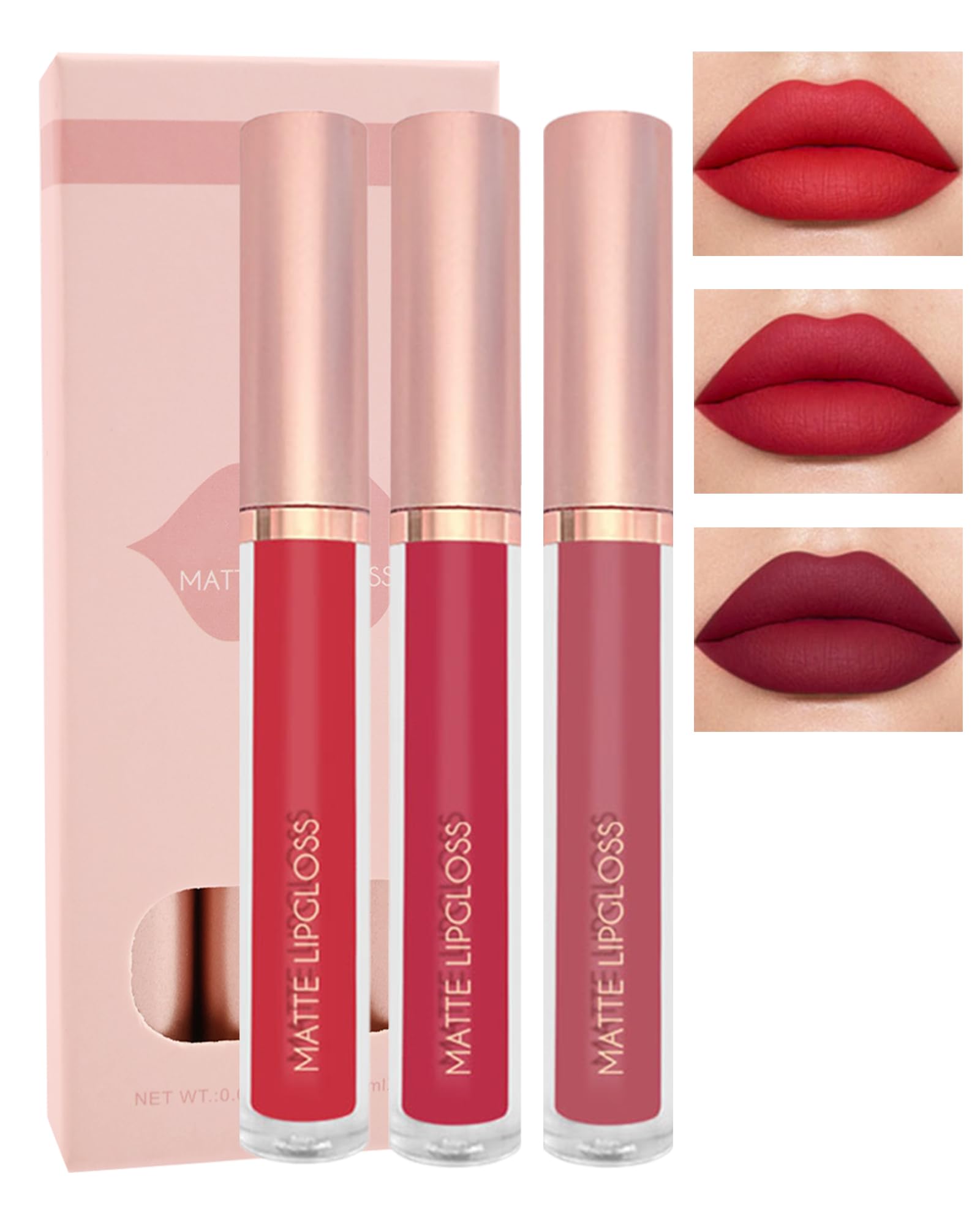 Matte Liquid Lip Gloss Set-3Pcs High Pigmented Lip Stain Tint, Long Lasting 24H Red Lipstick Waterproof Non-Stick Cup Velvet Lip Gloss, Smudge Proof Not Fade Lip Blam Makeup Gift Box for Women-Set c