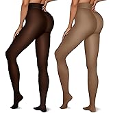 Vertvie 2 Pairs Fleece Lined Tights Women Crotch One Seam Line Warm Sheer Pantyhose Fake Translucent Thermal Thick Leggings