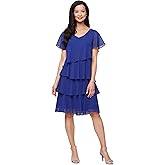 S.L. Fashions Womens V-Neck Chiffon Cocktail Dress with Beaded Shoulders and Asymmetrical Tiers (Petite and Regular Sizes)