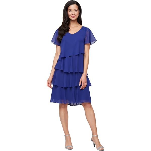 Amazon.com: S.L. Fashions Women's Cross Neckline Midi Cocktail Dress with Tiered  Skirt, Special Occasion Dress, Wedgewood, 6 : Clothing, Shoes & Jewelry