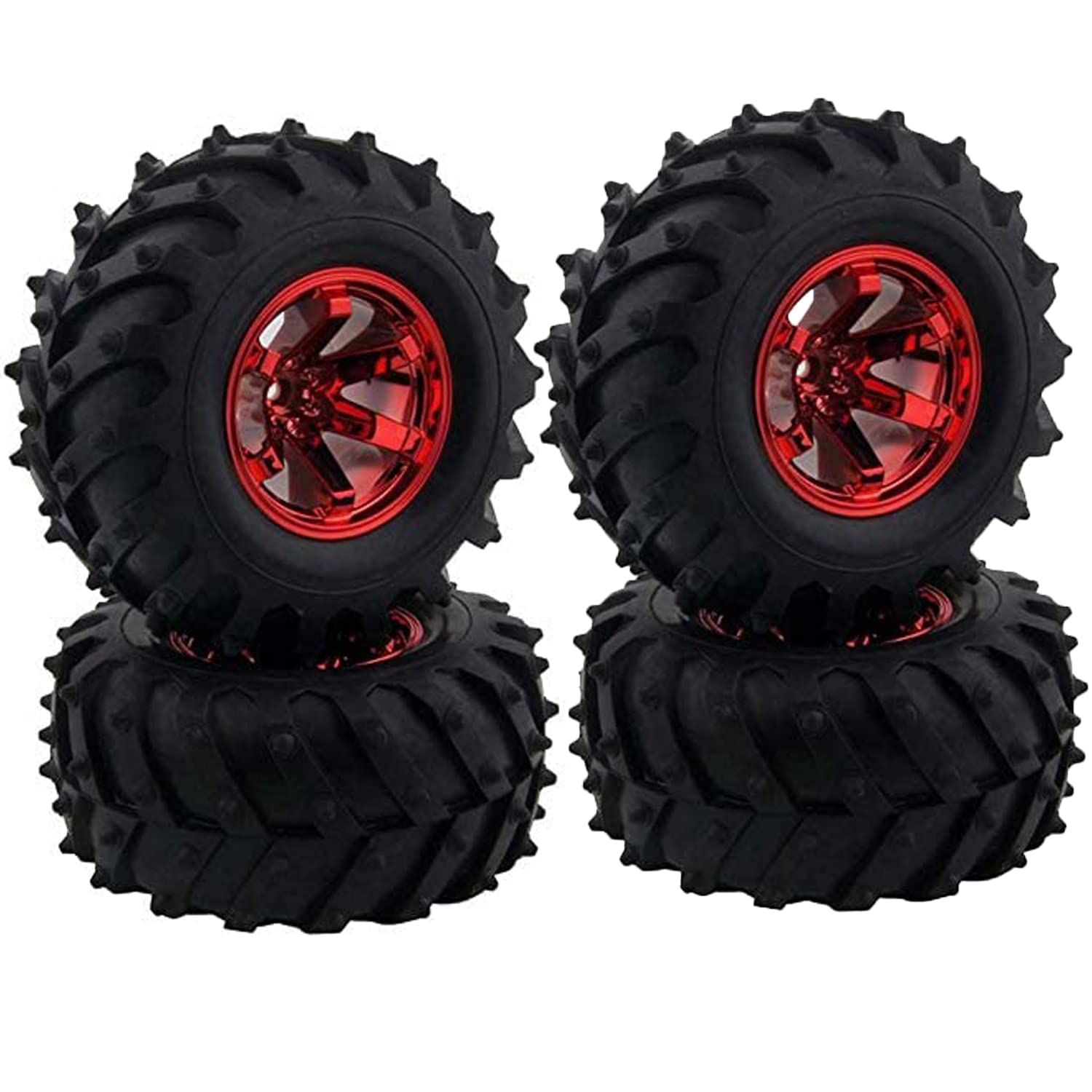 KINGCOO 4pcs 125mm Tyre RC Monster Truck Rubber Tyres and Plastic 6-Spoke Wheel Rims Set Compatible with 1/10 RC Crawler Car for Truggy Truck for HSP HPI Tamiya Kyosho (Red)