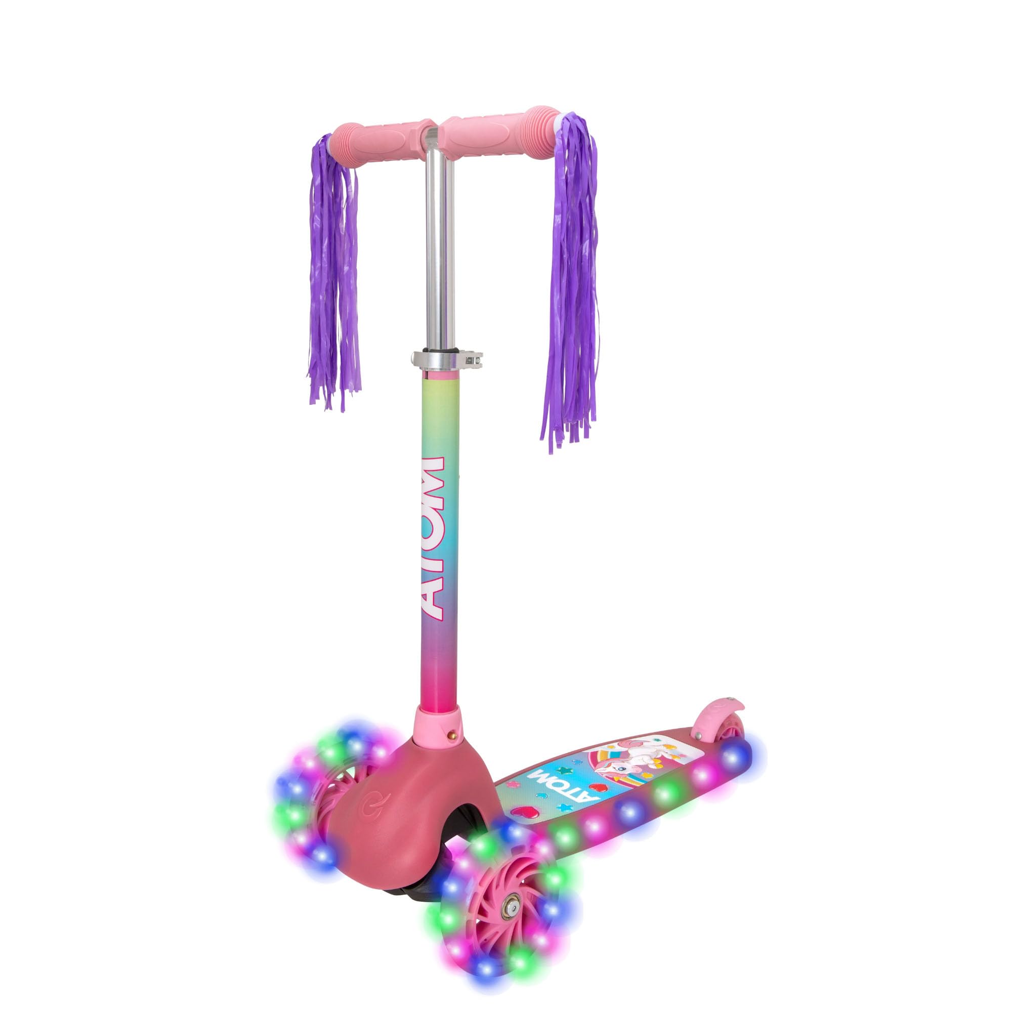 ATOM Unicorn Eclipse Light-Up 3 Wheel Scooter Ride | Kids Kick Scooter Toy with Adjustable Handlebar | For Boys and Girls Ages 3-12 | LED Wheels & Lean-to-Steer Design