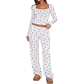 Lacozy Womens Fall Pajama Sets 2 Piece Cute Graphic Pj Set Woman Long Sleeve Top and Pants Y2K Sleepwear Nightwear
