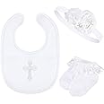 Geyoga 3 Pcs Baptism Bib for Baby Girl Baptism Candle Set Socks Pearl Headband Embroidered White Christening Outfit Bib