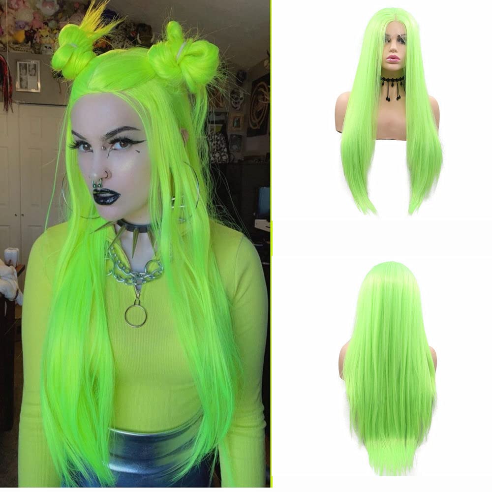 SERENEWIG 24" Long Straight Wigs Ladies Make-up Fluorescent Green Synthetic Lace Front Wigs for Women Replacement Bright Green Wig Heat Resistant Fiber Neon Color Wigs Cosplay Daily Use