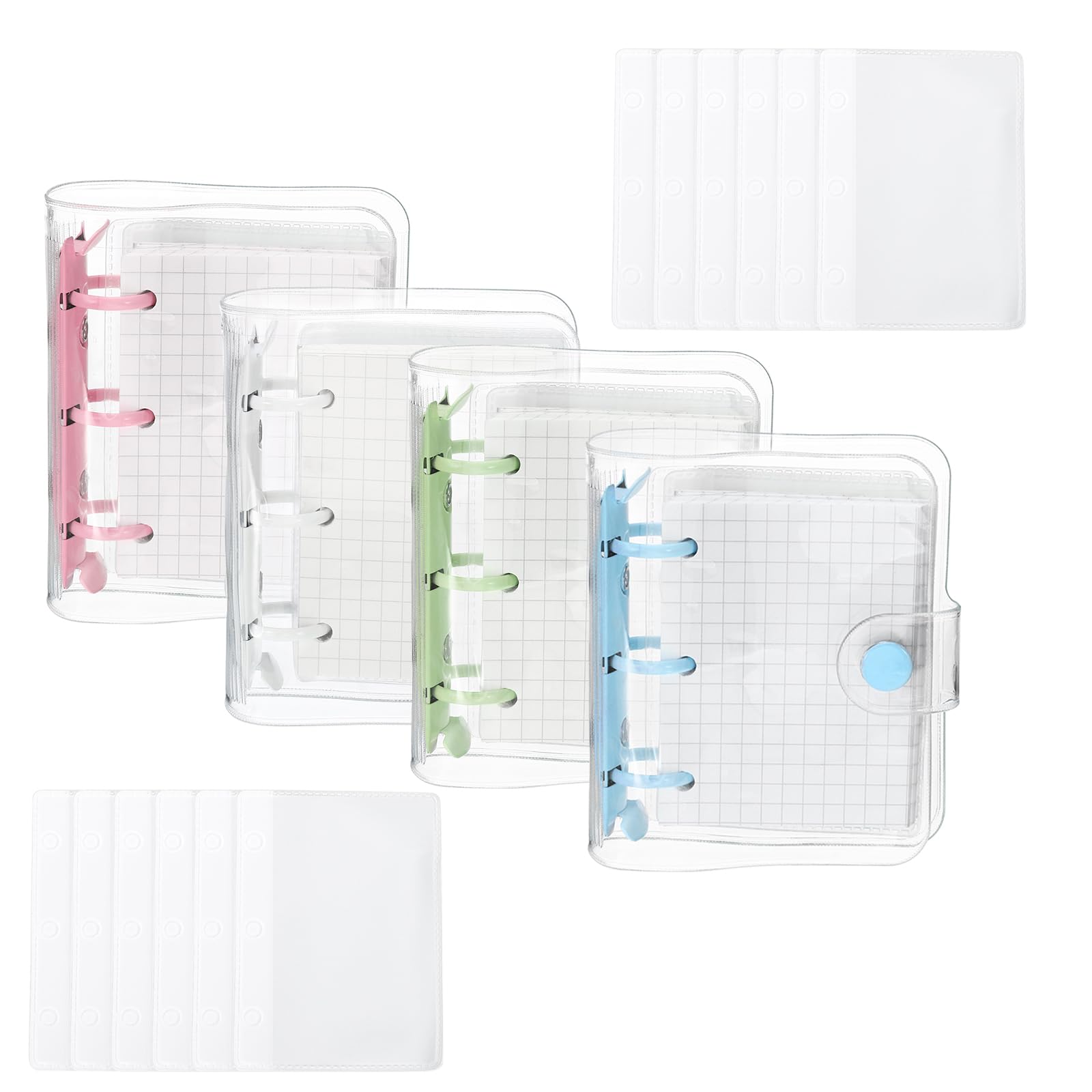 PATIKIL Clear 3 Ring Binder Cover, 4 Pack PVC Notebook Binder Mini Refillable Loose Leaf Folder Planner with 320 Sheets Paper, Pink Purple White Blue