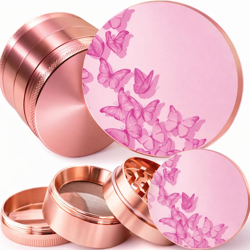 Pink Grinder - Four Piece Grinder with Full Print, Magnetic Top, Shark Teeth & Pollen Catcher - for Tobacco, Dry Herbs & Spices