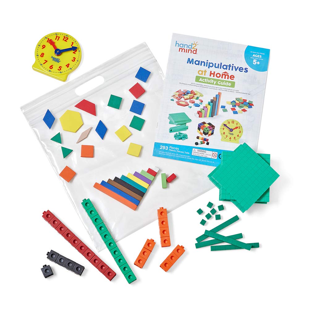 hand2mind-93538 Take Home Math Manipulatives Kit for Kids Grade K-2, with Snap Cubes, Base Ten Blocks, Cuisenaire Rods, Pattern Blocks, Color Tiles and Learning Clock, Homeschool Supplies (292 Pieces)