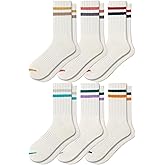 Fszsaa 3-6Pairs Cushioned Crew Socks Retro Striped Socks Women Mid Calf RibTube Socks