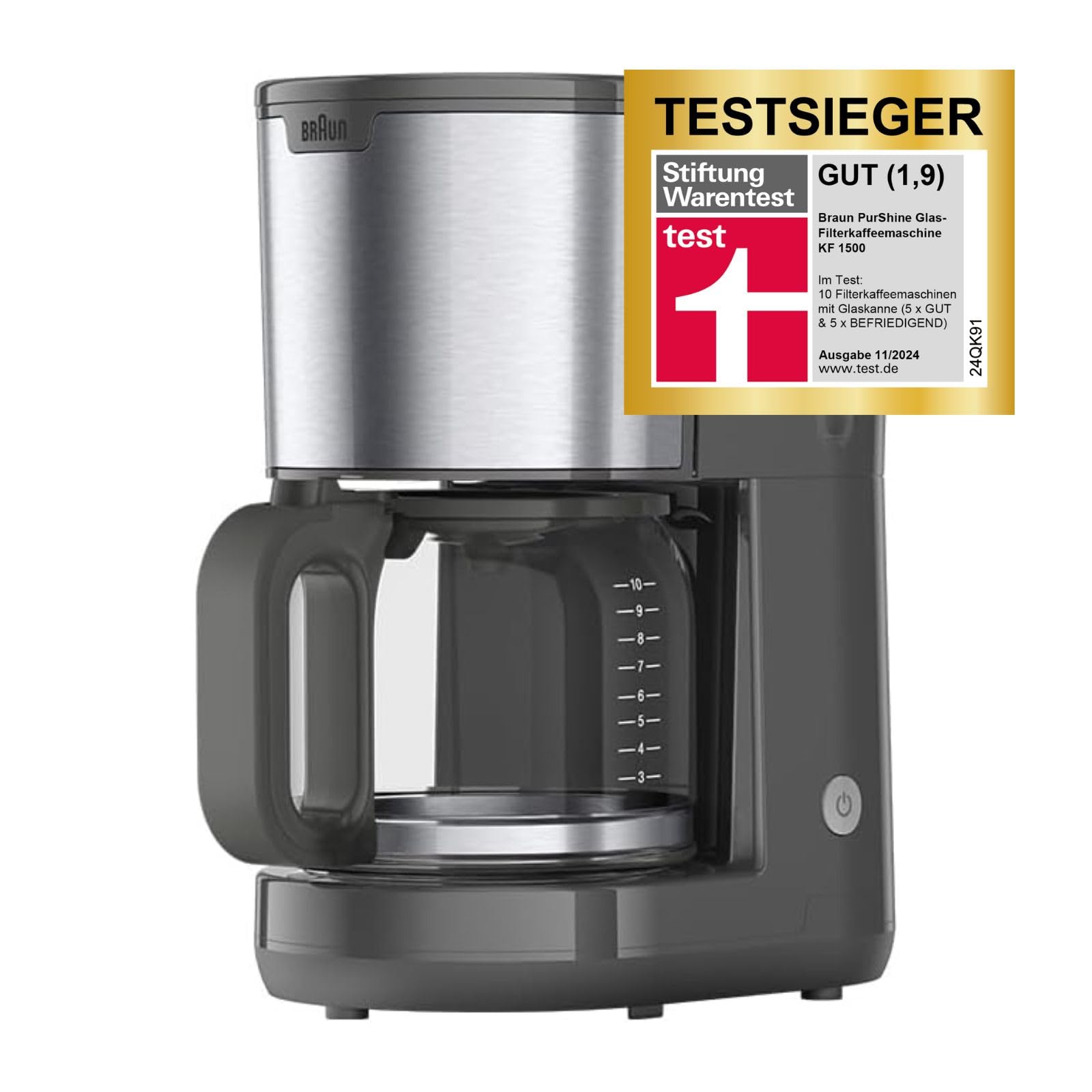 Braun Kaffeemaschine PurShine KF1500GY, Filterkaffeemaschine mit Glaskanne & OptiBrew System, Anti-Tropf-Funktion, Automatische Sicherheitsabschaltung, 10 Tassen Kapazität, 1000W, Grau