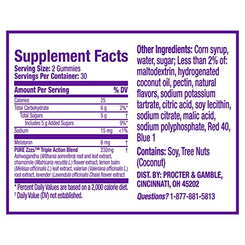 ZzzQuil PURE Zzzs Triple Action, 6mg Melatonin Gummies, 3X Melatonin Sleep Aid with Ashwagandha