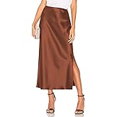 Women's Satin Midi Skirt Dressy Elastic High Waisted Silk Slip Flowy Ruffle Flared Cocktail Party Work A Line Skirts