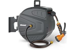 Roywel Hose Reel,Garden Hose Reel with Retractable Hose 130ft x 1/2",Hose Reel Wall Mount Retractable Hose Reel,Auto-Rewind,Auto Lock, with 9 in 1 Spray Gun,180° Pivot for watering