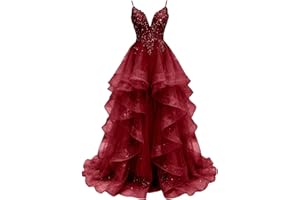 Tiered Aline Long Prom Dresses Puffy Tulle Ball Gown Spaghetti Straps Laces Applique V Neck Evening Party Dresses
