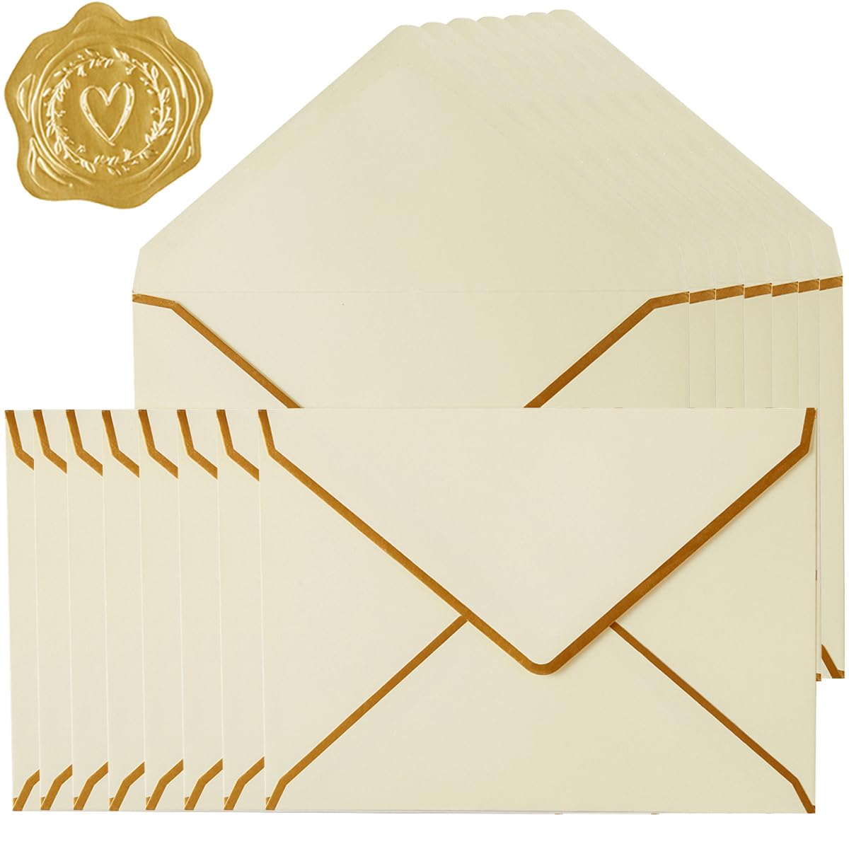 Photo 1 of 30 Pack Thick 4x6 Envelopes with Gold Border, A4 Thick Paper Greeting Cards Envelopes with Stickers for Invitation (Cream Color, 4.25x6.25 inches)