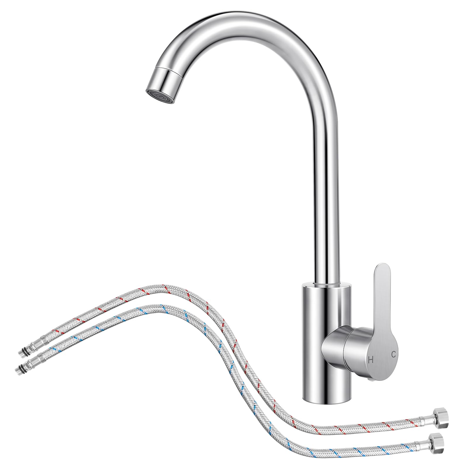 Kitchen Sink Mixer Tap with Hoses - Stainless Steel 360° Monobloc Single Lever Swivel Spout,High Arc Mono Basin Faucet,with 1/2'' Female for UK Standard Fittings (Modern)