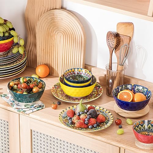 Henten Home Zuppiera Set of 6 Colored Ceramic Bowls - 360ml, Muesli Dessert Bowl | Salad | Soup | Corn Flakes | Breakfast, Boho Dinner Service - Multicolor