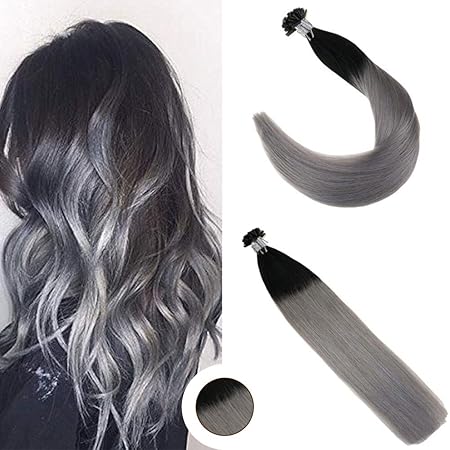 Ugeat 1g/s 50g Pro Paket U/Nail Tip Keratin Remy Echthaar Extensions Bondings 16 Zoll #1B/Silver Ombre Glatt Brasilianisch U 