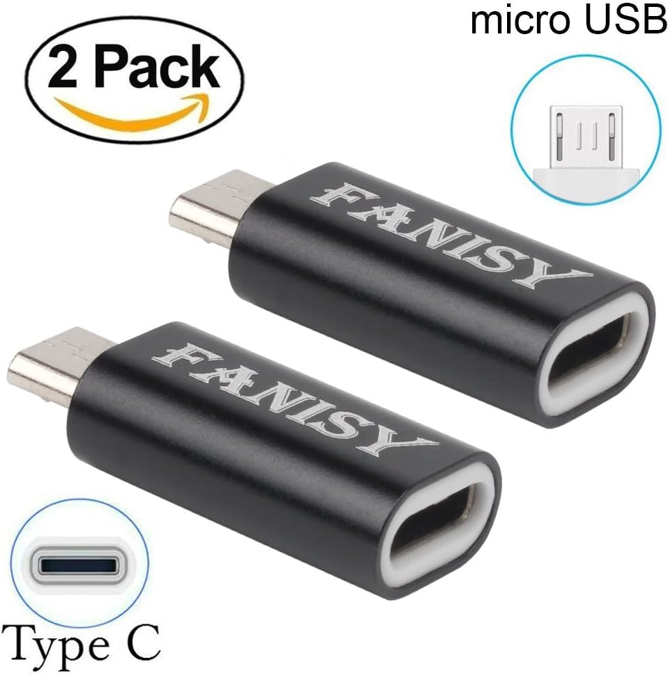 Type C to Micro USB Adapter 2-Pack, FANISY Metal USB-C Female to Micro USB Male Adapter Convert USB-C Cable to Micro USB for Android Cellphone, Power Bank, GPS and More-Black
