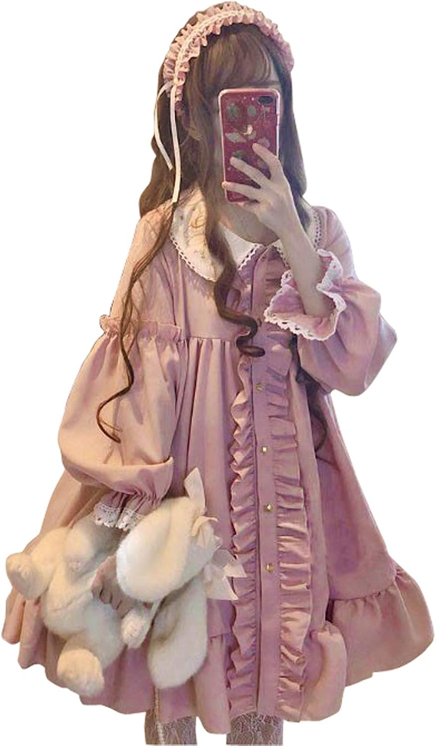 Amazon Co Jp Lady Oliver ワンピース レディース 長袖 ピンク ロリータ 襟 フリル ゆったり ガーリー ゆめかわいい L 服 ファッション小物