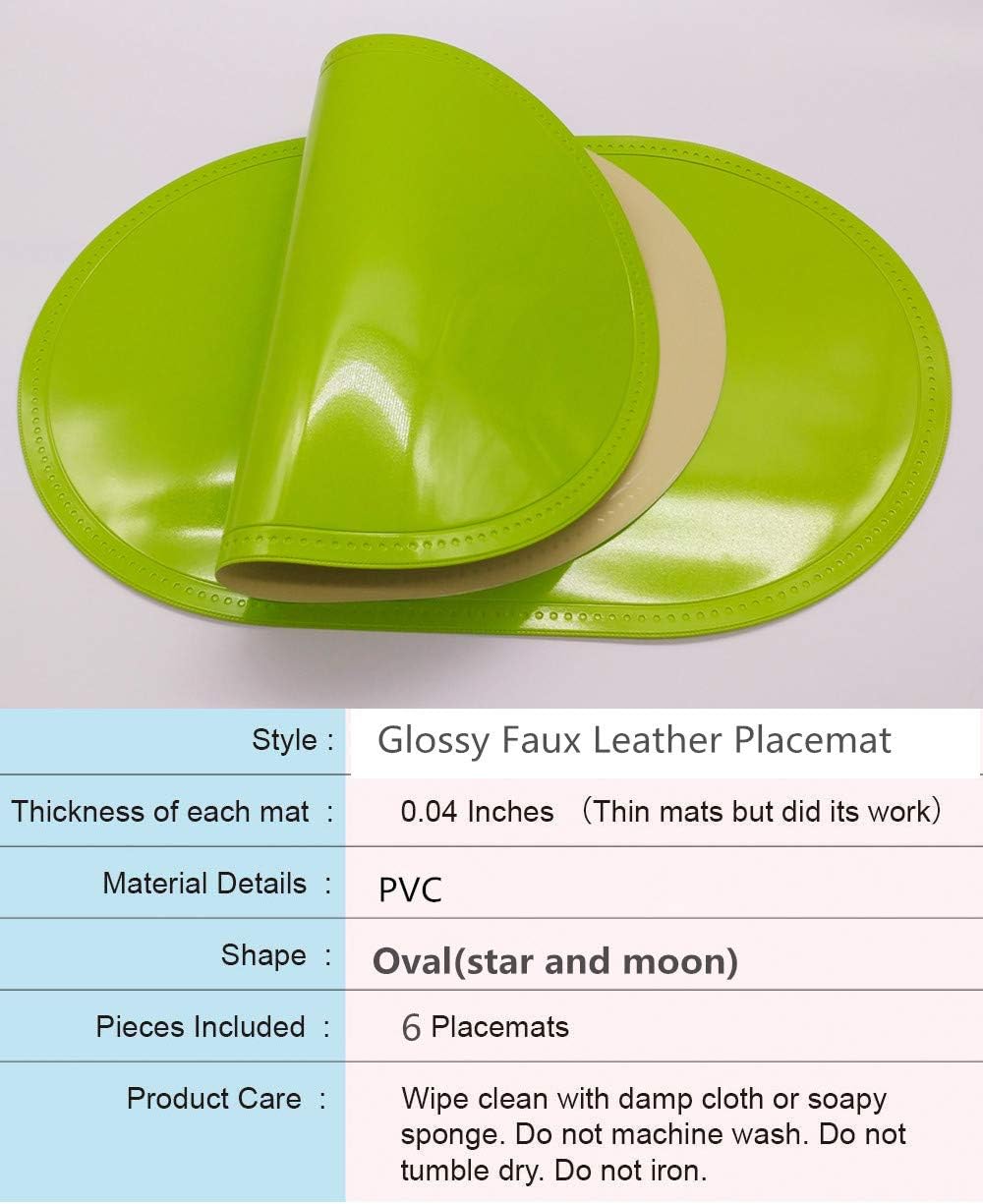 WANGCHAO Placemats Set of 6 Faux Leather Glossy Dining Table mats 12"X18" Waterproof Wearproof WIPEABLE Washable Heat Resistant Thermoforming Place Mats (Oval Placemats, Green): Home & Kitchen