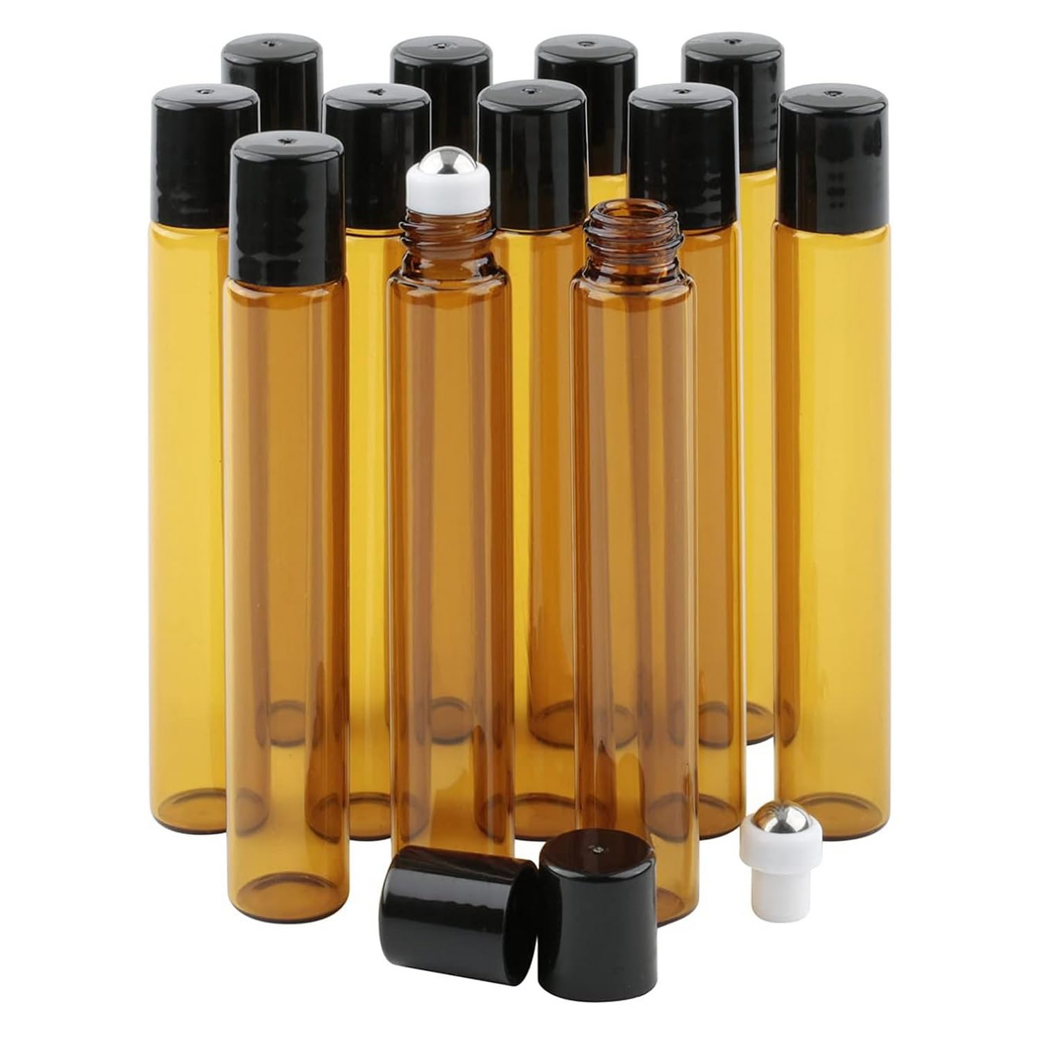 Pxyelec 10 ml Amber Glass Roller Bottle for Essential Oils, 12 Pack Empty Screw Cap Bottles with Stainless Steel Roller Balls