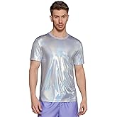 WDIRARA Men's Holographic T Shirt Short Sleeve Round Neck Shiny Party Clubwear Tank Top