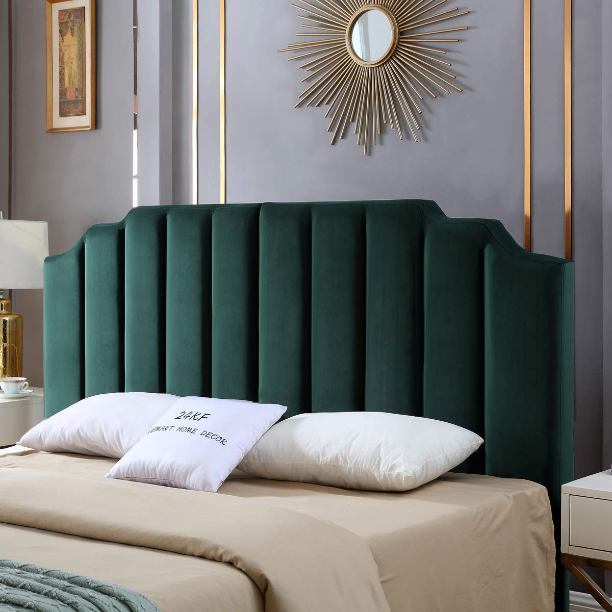 24kf Mid Century Velvet Upholstered Tufted Headboard With Vertical Channel Design King California King Jade Green