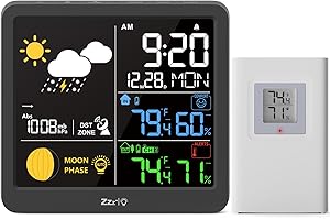 MeesMeek Weather Station Wireless-Indoor Outdoor Thermometer Temperature Monitor,Hygrometer Humidity Sensor with RCC Barometric Pressure Moon Phase Atomic Clock Calendar Auto Adjustable Backlight