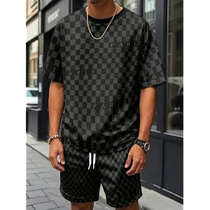 Men's 2 Piece Summer Outfit Sets Print Short Sleeve T Shirt and Drawstring Shorts