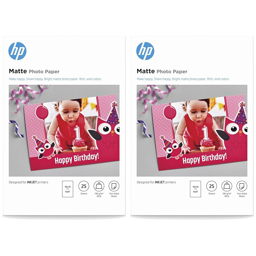 HP Matte Photo Paper, 180 g/m2, 25 Sheets, White, 10 x 15 cm (Pack of 2)