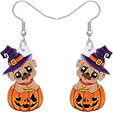 RAIDIN Acrylic Creative Cute Halloween Dog with Pumpkin Earrings for Women Dog Mom Gifts Wizard Hat Puppy Dangle Hook Earrings Jewelry Gift for Pets Lovers