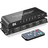 ROOFULL 4 Port 8K HDMI Switch with Remote | 4 In 1 Out HDMI 2.1 Switcher Selector, 8K@60Hz, 4K@120Hz, Dolby Vision/Atmos, Automatic Switching, HDCP 2.3, HDR10+, 48Gbps