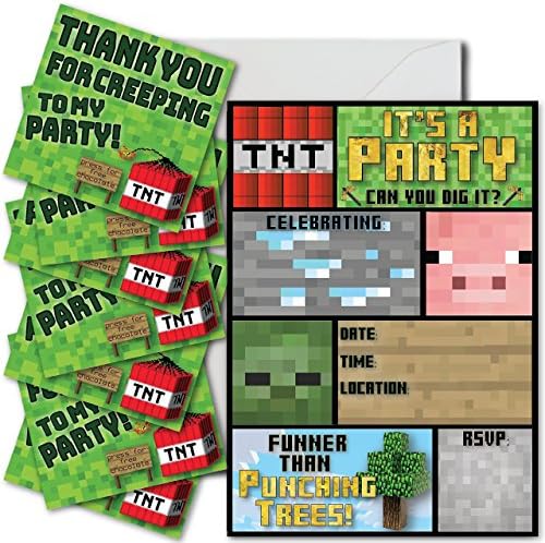 16 Mining Pixel Party Invitations, 16 Envelopes &amp; 16 Jumbo Thank You Stickers